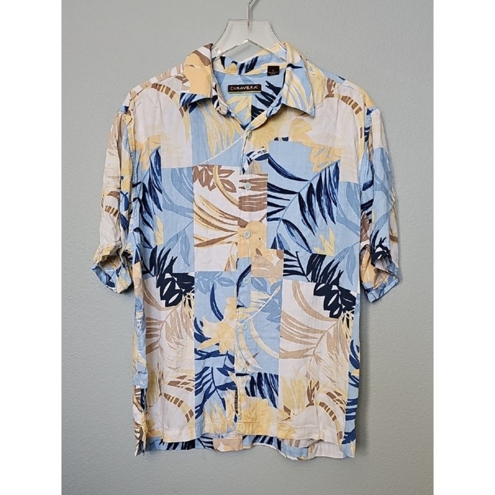 Cubavera Mens Large Tropical Leaf Patchwork Viscose Rayon Hawaiian Shirt Blue XL - Picture 2 of 7